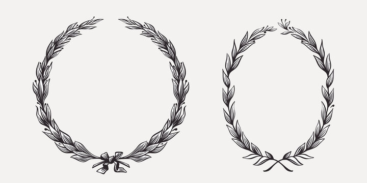 Vector circle and oval olives wreaths. Illustration of US history and 4th of July celebration in engraving style.