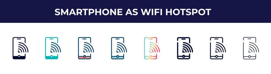 smartphone as wifi hotspot icon in 8 styles. line, filled, glyph, thin outline, colorful, stroke and gradient styles, smartphone as wifi hotspot vector sign. symbol, logo illustration. different