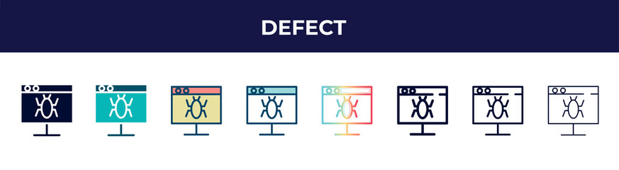 Fototapeta premium defect icon in 8 styles. line, filled, glyph, thin outline, colorful, stroke and gradient styles, defect vector sign. symbol, logo illustration. different style icons set.