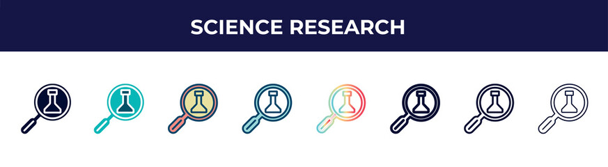 science research icon in 8 styles. line, filled, glyph, thin outline, colorful, stroke and gradient styles, science research vector sign. symbol, logo illustration. different style icons set.