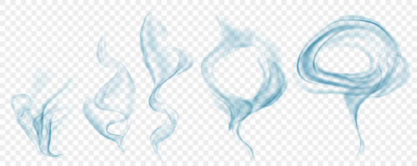 Set of several realistic transparent light blue smokes or steam, for use on light background. Transparency only in vector format