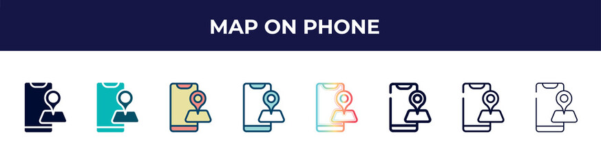 map on phone icon in 8 styles. line, filled, glyph, thin outline, colorful, stroke and gradient styles, map on phone vector sign. symbol, logo illustration. different style icons set.