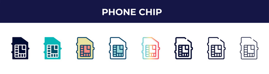phone chip icon in 8 styles. line, filled, glyph, thin outline, colorful, stroke and gradient styles, phone chip vector sign. symbol, logo illustration. different style icons set.