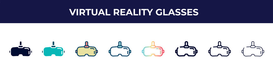 virtual reality glasses icon in 8 styles. line, filled, glyph, thin outline, colorful, stroke and gradient styles, virtual reality glasses vector sign. symbol, logo illustration. different style
