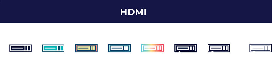 hdmi icon in 8 styles. line, filled, glyph, thin outline, colorful, stroke and gradient styles, hdmi vector sign. symbol, logo illustration. different style icons set.