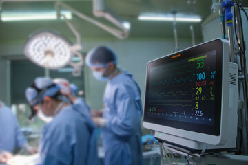 Heart rate and patient control monitor in hospital theater room during surgery operation