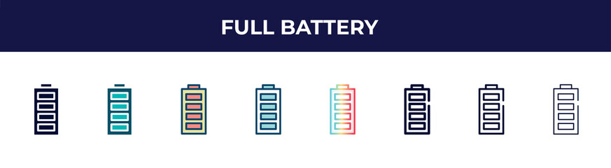full battery icon in 8 styles. line, filled, glyph, thin outline, colorful, stroke and gradient styles, full battery vector sign. symbol, logo illustration. different style icons set.