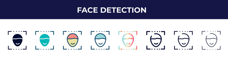 face detection icon in 8 styles. line, filled, glyph, thin outline, colorful, stroke and gradient styles, face detection vector sign. symbol, logo illustration. different style icons set.