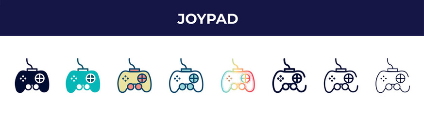 joypad icon in 8 styles. line, filled, glyph, thin outline, colorful, stroke and gradient styles, joypad vector sign. symbol, logo illustration. different style icons set. © VectorStockDesign