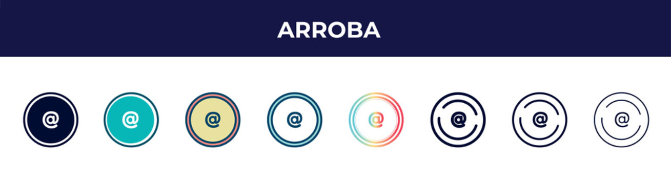 arroba icon in 8 styles. line, filled, glyph, thin outline, colorful, stroke and gradient styles, arroba vector sign. symbol, logo illustration. different style icons set.