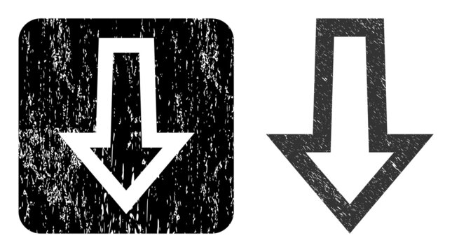 Vector arrow down carved icon. Grunge arrow down badge, done with icon and rounded square. Rounded square seal contain arrow down cut out shape inside. Vector arrow down grunge images.