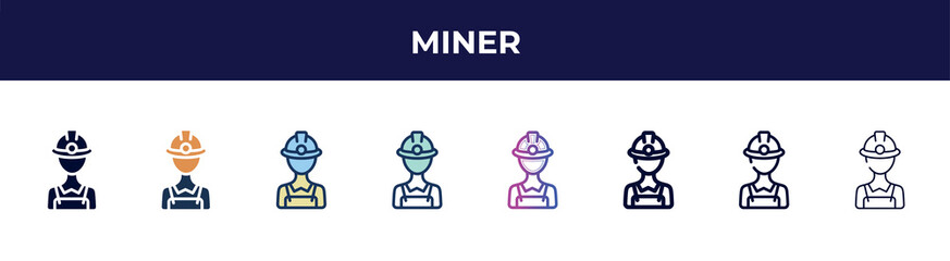 miner icon in 8 styles. line, filled, glyph, thin outline, colorful, stroke and gradient styles, miner vector sign. symbol, logo illustration. different style icons set.