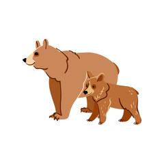 Bear mother and her baby isolated on white background. Cute animals character flat vector illustration
