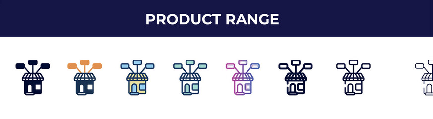 product range icon in 8 styles. line, filled, glyph, thin outline, colorful, stroke and gradient styles, product range vector sign. symbol, logo illustration. different style icons set.