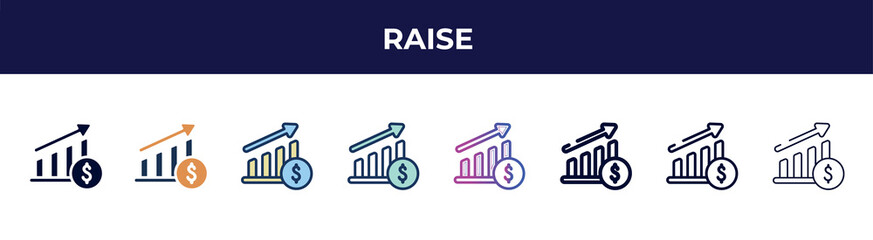 raise icon in 8 styles. line, filled, glyph, thin outline, colorful, stroke and gradient styles, raise vector sign. symbol, logo illustration. different style icons set.