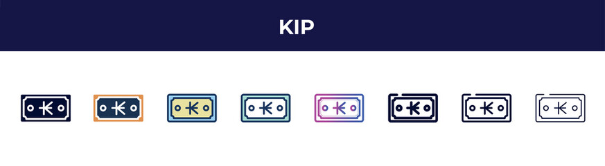 kip icon in 8 styles. line, filled, glyph, thin outline, colorful, stroke and gradient styles, kip vector sign. symbol, logo illustration. different style icons set.