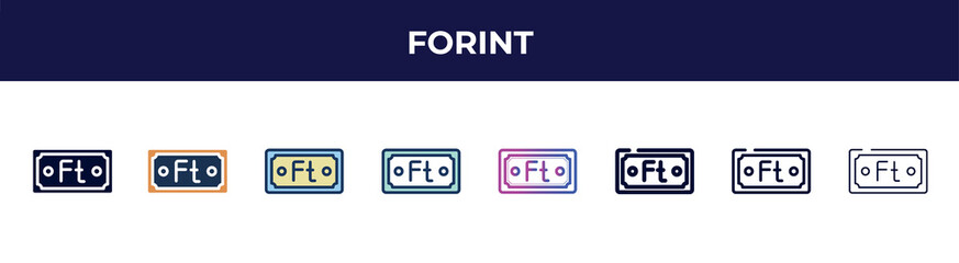 forint icon in 8 styles. line, filled, glyph, thin outline, colorful, stroke and gradient styles, forint vector sign. symbol, logo illustration. different style icons set.