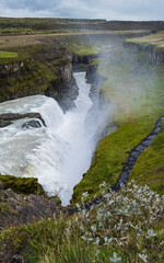 Picturesque full of water big waterfall Gullfoss autumn view, southwest Iceland.
