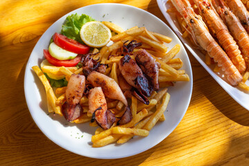 Plates with grilled baby squid, french fries, lemon, salad and fried langoustines on the table at sunny day
