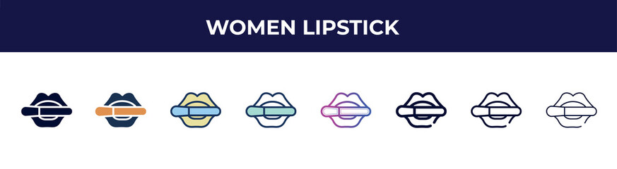 women lipstick icon in 8 styles. line, filled, glyph, thin outline, colorful, stroke and gradient styles, women lipstick vector sign. symbol, logo illustration. different style icons set.