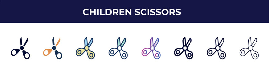 children scissors icon in 8 styles. line, filled, glyph, thin outline, colorful, stroke and gradient styles, children scissors vector sign. symbol, logo illustration. different style icons set.