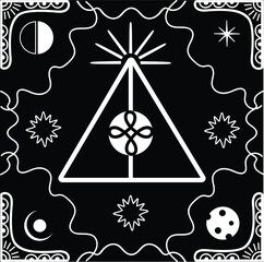 Gothic alchemy occult banner. Geomitric outline black and white illustration. Vector witchcraft ritualism tattoo
