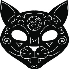 Black occult cat with demonic symbols. Mystic gothic spooky animal. Witch pet's head vector illustration