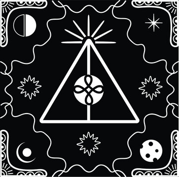 Gothic alchemy occult banner. Geomitric outline black and white illustration. Vector witchcraft ritualism tattoo