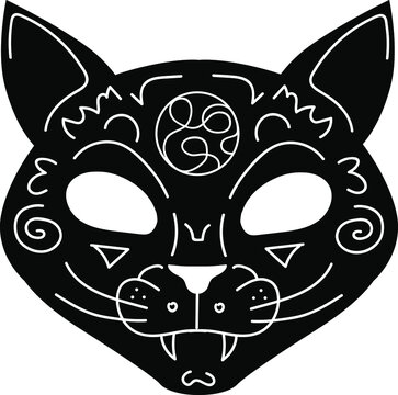 Black occult cat with demonic symbols. Mystic gothic spooky animal. Witch pet's head vector illustration