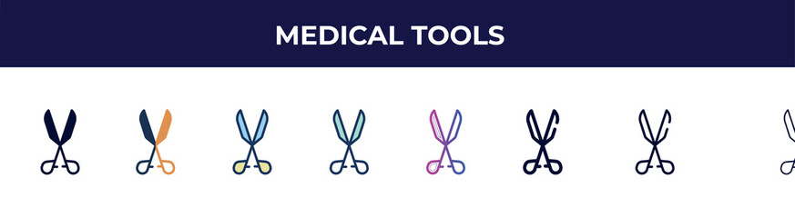medical tools icon in 8 styles. line, filled, glyph, thin outline, colorful, stroke and gradient styles, medical tools vector sign. symbol, logo illustration. different style icons set.