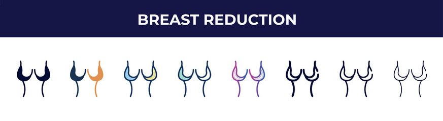 breast reduction icon in 8 styles. line, filled, glyph, thin outline, colorful, stroke and gradient styles, breast reduction vector sign. symbol, logo illustration. different style icons set.