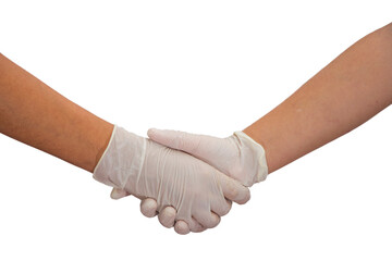 Two unrecognizable people wearing gloves shaking hands on a white background