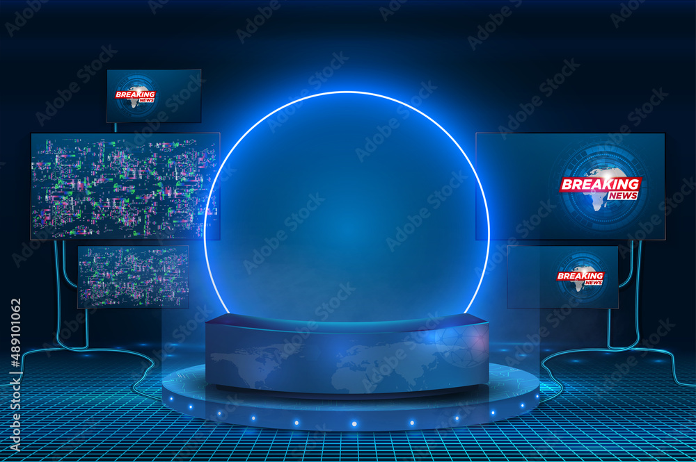 Aufkleber a futuristic realistic studio for recording television programs effect of crushing screens. dark cyb