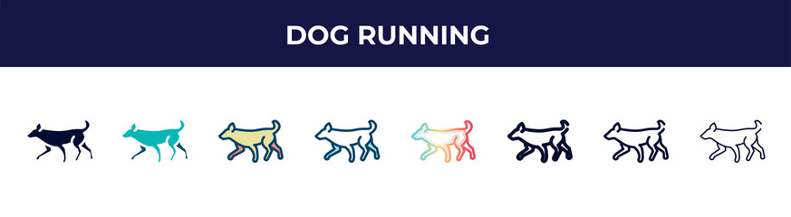 dog running icon in 8 styles. line, filled, glyph, thin outline, colorful, stroke and gradient styles, dog running vector sign. symbol, logo illustration. different style icons set.