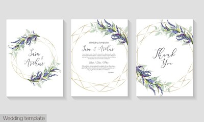 Fototapeta na wymiar Vector floral template for wedding invitation. Blue lavender, green leaves and round polygonal frame.