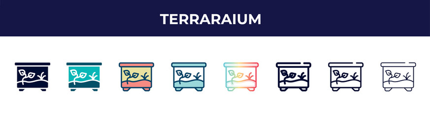 terraraium icon in 8 styles. line, filled, glyph, thin outline, colorful, stroke and gradient styles, terraraium vector sign. symbol, logo illustration. different style icons set.