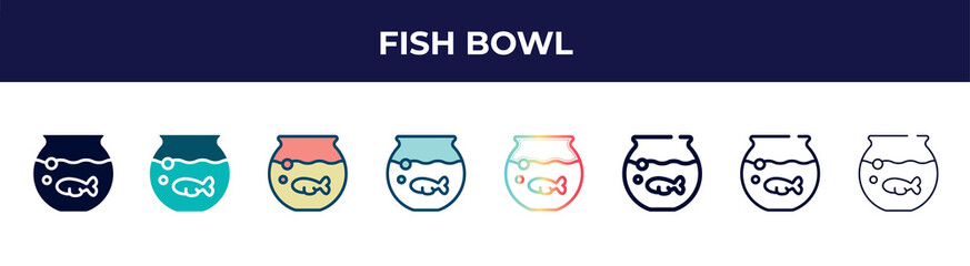 fish bowl icon in 8 styles. line, filled, glyph, thin outline, colorful, stroke and gradient styles, fish bowl vector sign. symbol, logo illustration. different style icons set.