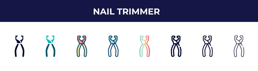 nail trimmer icon in 8 styles. line, filled, glyph, thin outline, colorful, stroke and gradient styles, nail trimmer vector sign. symbol, logo illustration. different style icons set.