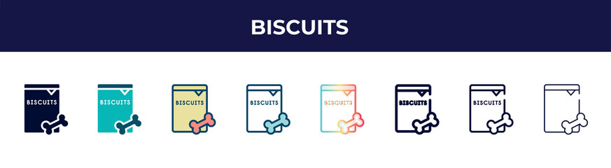 biscuits icon in 8 styles. line, filled, glyph, thin outline, colorful, stroke and gradient styles, biscuits vector sign. symbol, logo illustration. different style icons set.