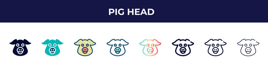 pig head icon in 8 styles. line, filled, glyph, thin outline, colorful, stroke and gradient styles, pig head vector sign. symbol, logo illustration. different style icons set.