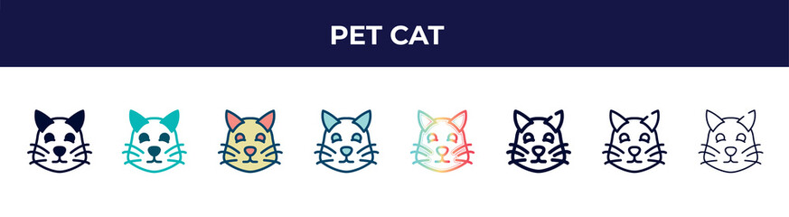 pet cat icon in 8 styles. line, filled, glyph, thin outline, colorful, stroke and gradient styles, pet cat vector sign. symbol, logo illustration. different style icons set.