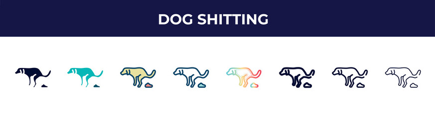 dog shitting icon in 8 styles. line, filled, glyph, thin outline, colorful, stroke and gradient styles, dog shitting vector sign. symbol, logo illustration. different style icons set.