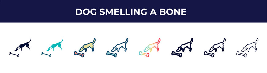 dog smelling a bone icon in 8 styles. line, filled, glyph, thin outline, colorful, stroke and gradient styles, dog smelling a bone vector sign. symbol, logo illustration. different style icons set.