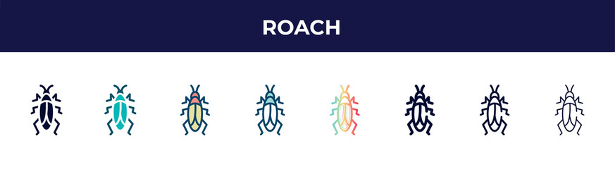 roach icon in 8 styles. line, filled, glyph, thin outline, colorful, stroke and gradient styles, roach vector sign. symbol, logo illustration. different style icons set.