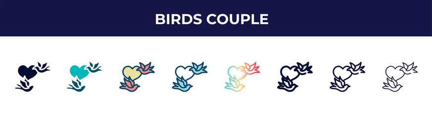 birds couple icon in 8 styles. line, filled, glyph, thin outline, colorful, stroke and gradient styles, birds couple vector sign. symbol, logo illustration. different style icons set.