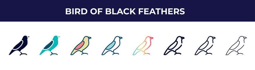 bird of black feathers icon in 8 styles. line, filled, glyph, thin outline, colorful, stroke and gradient styles, bird of black feathers vector sign. symbol, logo illustration. different style icons