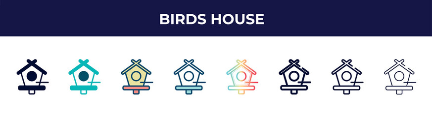 birds house icon in 8 styles. line, filled, glyph, thin outline, colorful, stroke and gradient styles, birds house vector sign. symbol, logo illustration. different style icons set.