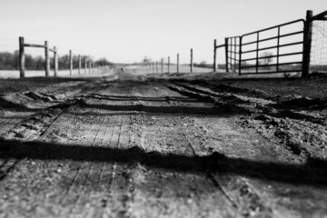 black and white farm dirt road