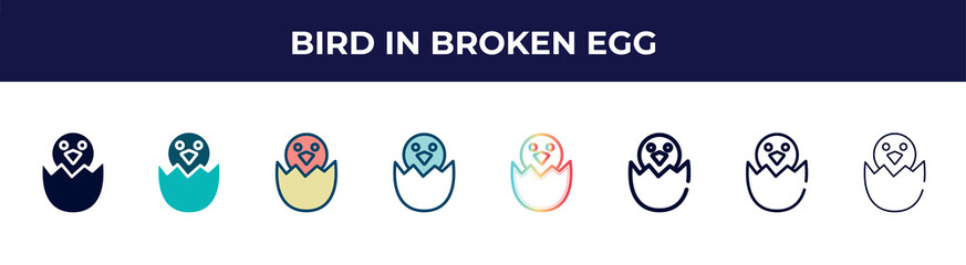 bird in broken egg icon in 8 styles. line, filled, glyph, thin outline, colorful, stroke and gradient styles, bird in broken egg vector sign. symbol, logo illustration. different style icons set.