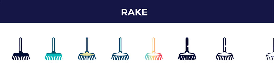 rake icon in 8 styles. line, filled, glyph, thin outline, colorful, stroke and gradient styles, rake vector sign. symbol, logo illustration. different style icons set.
